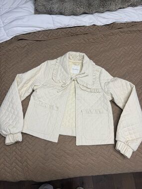 Avec Les Filles Cream Quilted Ruffle-Trim Jacket